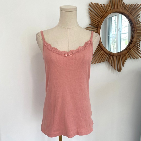 Esmara Tops - Vintage Y2K Esmara Pink Ribbed Lace Trim Bow Tank Top Coquette Cute M